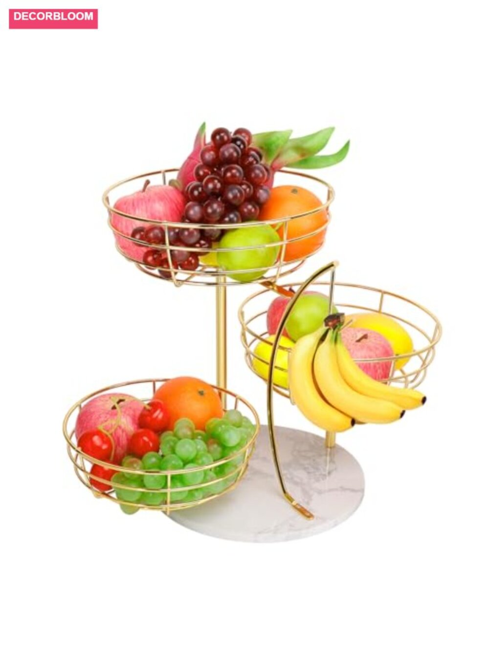 3-Tier Marble Base Metal Fruit Basket with Banana Hanger